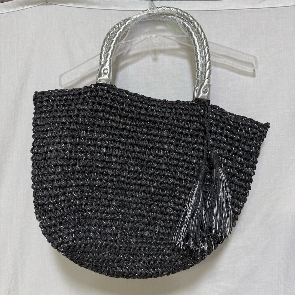 Straw purse bag black boho Medium black handles Silver Metallic Threads - Picture 2 of 7
